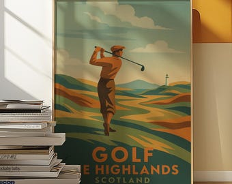 Golf the Highlands Scotland Poster, Vintage Travel Print, Retro Golf Wall Art, Classic Sports Decor, Scottish Landscape Art Gift for Golfers