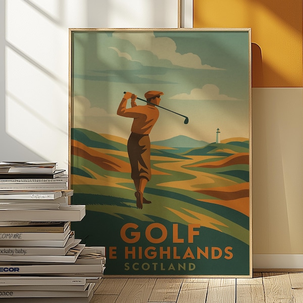 Pôster de golfe nas Terras Altas da Escócia, impressão de viagem vintage, arte de parede de golfe retrô, decoração esportiva clássica, arte de paisagem escocesa, presente para jogadores de golfe