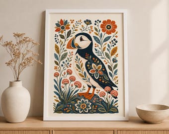 Folk Art Puffin Print, Scandinavian Coastal Bird Poster, Cottagecore Wall Art, Puffin Nursery Decor, Botanical Seabird Gift