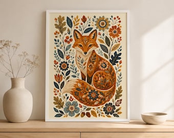 Folk Art Fox Print, Scandinavian Woodland Animal Poster, Cottagecore Wall Art, Autumn Fox Decor, Botanical Nursery Print