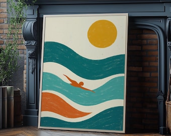 Minimalist Ocean Swim Print — Retro Wild Swimming Wall Art, Sea Swimmer Poster with Sun & Waves, Coastal Gift for Open Water Lovers
