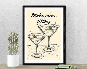 Retro Martini Bar Sign Print, Vintage Cocktail Wall Poster, Kitchen and Dining Room Decor, Gift for Cocktail Lover, Funny Martini Wall Print
