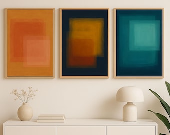 Digital Download Modern Abstract Wall Art Set of 3 — Color Block Prints Teal, Burnt Orange, Ochre Contemporary Mid Century Home Decor