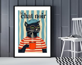 Le Chat Noir French Cat Wall Art Poster Vintage Style Black Cat With Coffee Cup Glasses Beret Retro Parisian Kitchen Decor Print