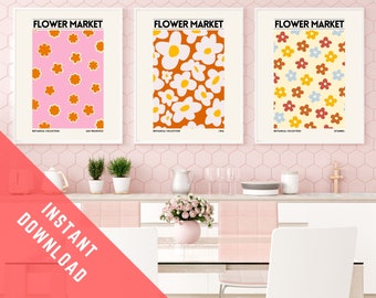 Flower Market Print Set of 3. Kitchen Wall Art Printable. Retro Style Graphic Art. Colourful Home Decor Gift. San Fransisco. Lima. Istanbul.