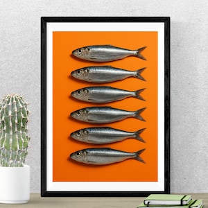 Minimalist Sardine Art Print – Modern Kitchen Wall Décor with Bright Orange Background, Clean Scandinavian Style Poster