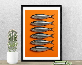 Minimalist Sardine Art Print – Modern Kitchen Wall Décor with Bright Orange Background, Clean Scandinavian Style Poster