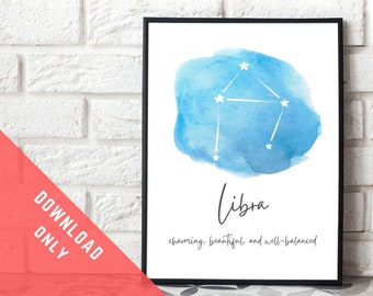 Libra Zodiac print. INSTANT DOWNLOAD. Astrology Star Sign Gift. Star Constellation Art. Horoscope Print. Birthday. New Baby.