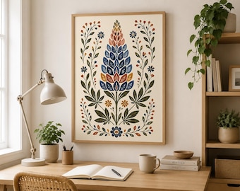 Folk Art Lupin Print, Scandinavian Floral Poster, Blue Botanical Wall Art, Cottagecore Flower Decor, Vintage Garden Print