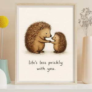 Hedgehog print, woodland nursery wall art, whimsical hedgehog illustration style, animal cuddle poster, sweet family gift decor