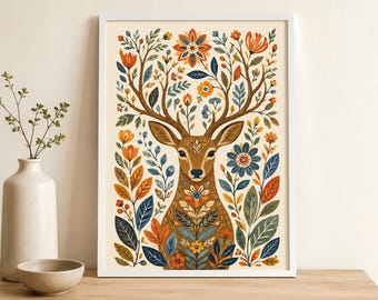 Folk Art Deer Print, Scandinavian Woodland Animal Poster, Cottagecore Wall Art, Botanical Deer Decor, Autumn Nursery Print
