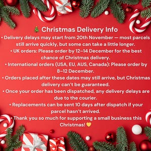 The image is a Christmas-themed collage with various Christmas decorations, including candy canes, ornaments, and pine branches, surrounding a red background. The collage contains text providing information about Christmas delivery services, including details about delivery delays, UK orders, international orders, and replacement options.