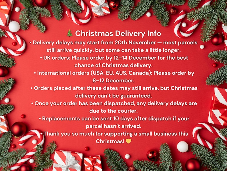 The image is a Christmas-themed collage with various Christmas decorations, including candy canes, ornaments, and pine branches, surrounding a red background. The collage contains text providing information about Christmas delivery services, including details about delivery delays, UK orders, international orders, and replacement options.