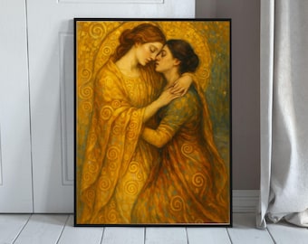 Lesbian Art Print Golden Klimt Lovers, Classic WLW Poster For Home Decor, Lesbian Couple Print, Lesbian Pride Painting
