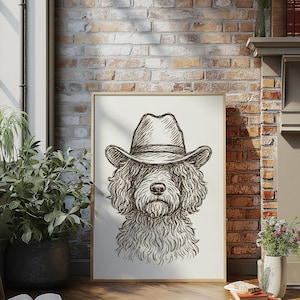 Impression d'art cowboy cockerpoo — illustration de chien dessiné à la main, art mural country western, décoration de ferme rustique, cadeau affiche drôle de chien de cowboy