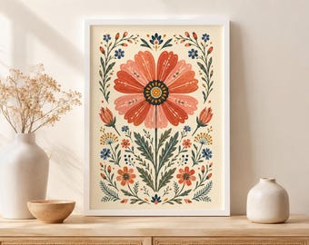 Folk Art Cosmos Print, Scandinavian Floral Poster, Cottagecore Wall Art, Botanical Flower Decor, Pink Cosmos Wall Art