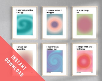 Bundle of 6 Manifestation Poster. Gradient Retro Print Affirmation Wall Art. Instant Digital Download. 70s Spiritual  Wall Art Set