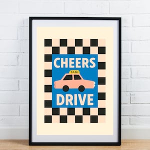 Cheers Drive Poster - Retro Bunt Walisisch Zitat Wandkunst, humorvolle Typografie Print, walisisches Slang Geschenk, lustiges Wohndekor, Taxifahrer