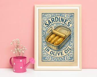Portuguese Sardine Tin Poster – Coastal Kitchen Wall Art with Blue & White Mediterranean Tile Pattern, Nautical Home Décor