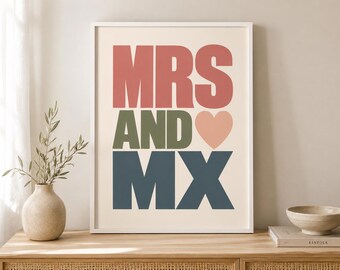 Mrs and Mx Poster, LGBTQ+ Wedding Gift, Queer Couple Wall Art, Non Binary Partner Print, Pride Home Decor, Typography Art