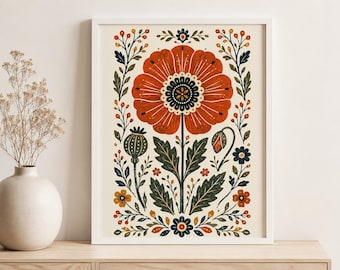 Folk Art Poppy Print, Scandinavian Floral Poster, Cottagecore Wall Art, Botanical Flower Decor, Vintage Poppy Wall Art