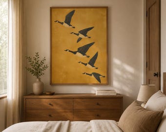 Flying Geese Print, Mustard Yellow Bird Wall Art, Wild Geese Poster, Nature Lover Gift, Modern Vintage Wildlife Decor