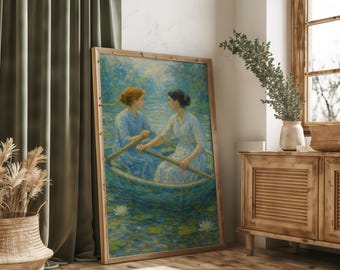 Impressionist Lesbian Art Print Romantic Boating Scene, WLW Couple Painting Poster For Home Decor, Lesbian Wedding Gift