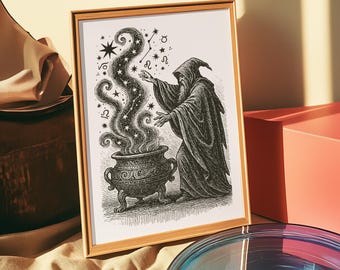 Póster de Caldero de Mago: Arte mural ocultista vintage, lámina de hechicero y astrología, decoración gótica de brujería para el hogar