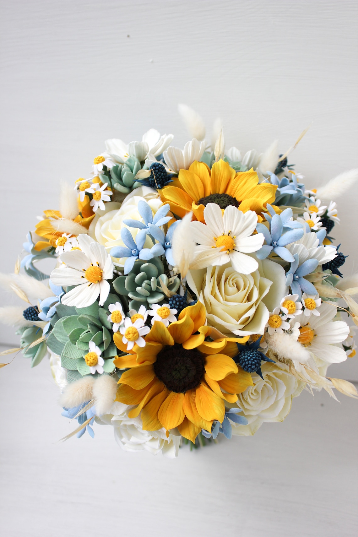 Sunflower and daisy wedding bouquet with dusty blue accents Etsy