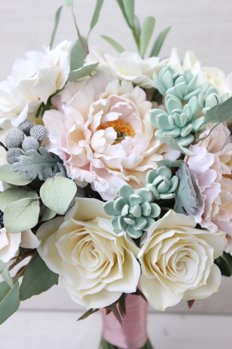 Succulent and peony wedding bouquet Sage and blush pink Etsy