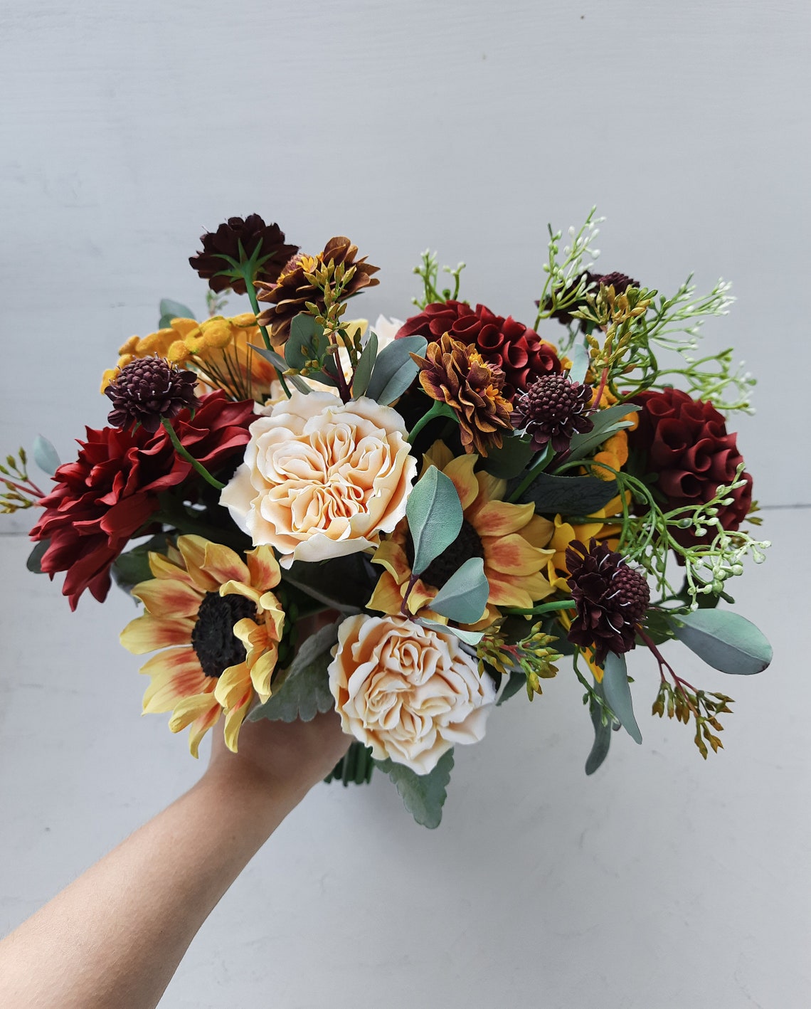 Sunflower and dahlia wedding bouquet in burgundy and yellow Etsy