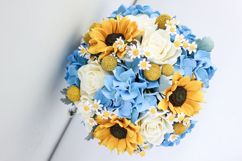 Sunflower and blue hydrangea wedding bouquet Yellow and blue image 0