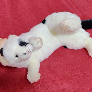 May include: A plush white cat toy with black spots on its head and back, and a black tail. The toy is lying on its back on a red surface. The cat toy is soft and fluffy.