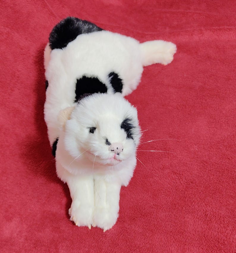 May include: A plush toy cat in a lying position, featuring a white body with black spots and patches. The cat has a white face with black markings around the eyes and a pink nose. The toy is on a red background.