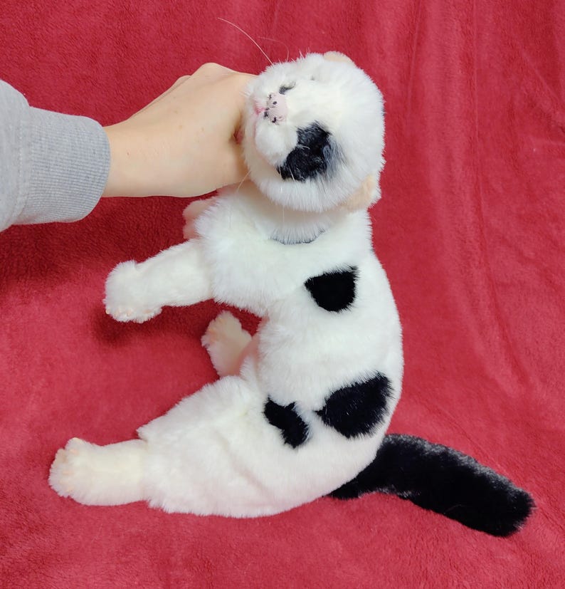 May include: A plush toy cat in a seated position, featuring a white body with black spots and a black tail. The cat's face has black markings and pink details. The toy is held by a hand, with a red background.