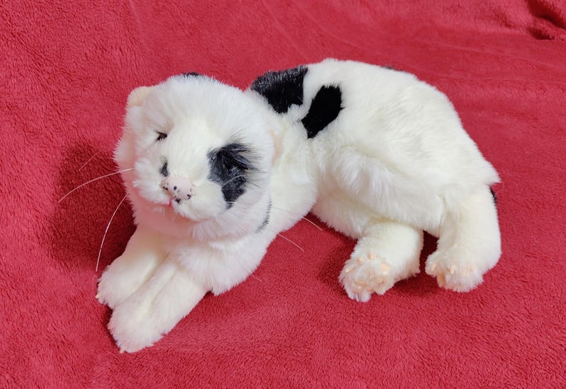 May include: A plush white cat with black spots on its head and back, lying on a red surface. The cat has a pink nose and whiskers, and its paws are visible. The toy is soft and fluffy.