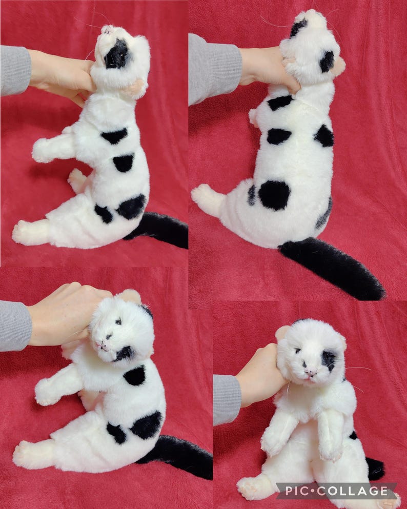 May include: A plush toy cat with a white body and black spots. The cat has a black tail and is being held up by a person. The toy cat has a cute, friendly face.