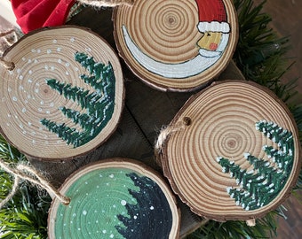 Hand-Painted 4-set Wood Christmas Ornaments - Winter Scene, Holiday Keepsake