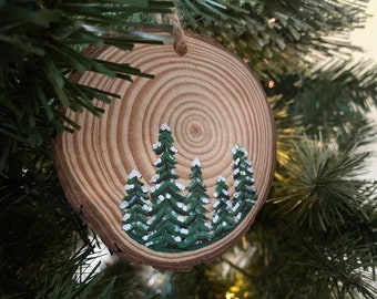 Hand-Painted Wood Christmas Ornament - Tree Scene, Holiday Keepsake