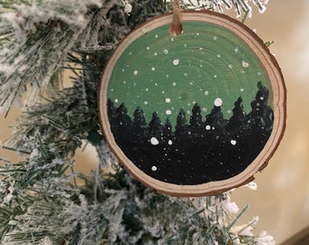 Hand-Painted Wood Christmas Ornament - A Snowy Tree Scene, Holiday Keepsake