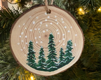 Hand-Painted Wood Christmas Ornament - Snowflake Tree Scene, Holiday Keepsake