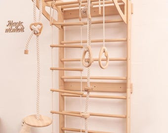 Hochwertige schwedische Leiter für Kinder, 5-in-1 Indoor-Wandturngerät mit Seilzubehör, verstellbarer Stange, 190 cm Höhe