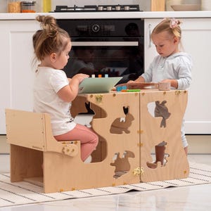 Montessori Toddler Tower for Ages 8 Months–6 Years, 2in1 Convertible Activity Table and Chair