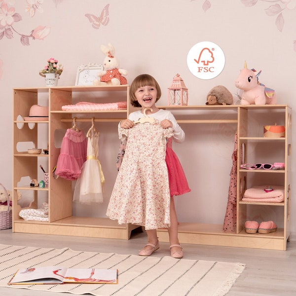Montessori Wooden Wardrobe for Children by Woodandhearts, Kid's clothing rack with shelves, Wooden storage, Scandinavian Furniture