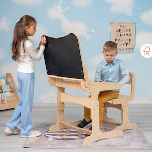 Set of adjustable wooden Desk with a chalk tabletop and Chair, Montessori kids study furniture, Table with an easel for children