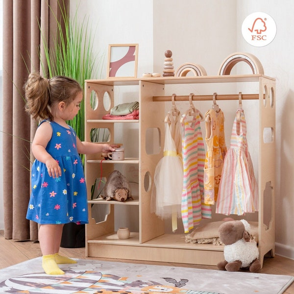 Armoire en bois Montessori pour enfants par Woodandhearts, portant pour enfants avec étagères, organiseur en bois