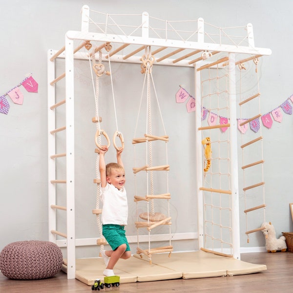 88x78" Large Swedish Ladder Bundle: Waldorf Playmat, Monkey Bars, Indoor Swing, Gymnastics Ladder, Montessori Climbing Wall Net, Baby Gym