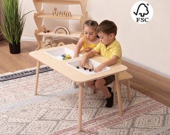 Waldorf Sensory Table with 2 Molds & 2 Stools Unique Gift Set, Sand and Water Sensory Play Wood Desk, Montessori Furniture Toddler Chair