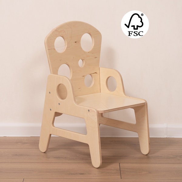 Handmade Furniture Toddler Chair with Backrest & Armrests, Kids Room Decor Waldorf Small Wooden Stool, Montessori Baby Learning Desk Chair