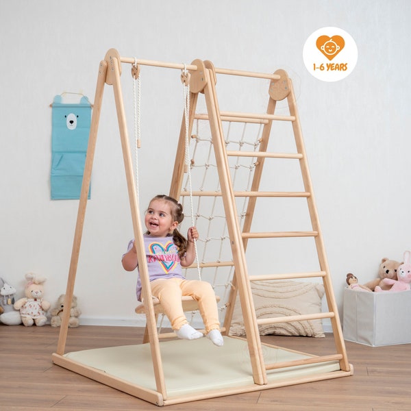 55x40" Large Scandinavian Triangle Climber Complex with Montessori Toddler Rope Accessory and Baby Play Mat Waldorf Soft Play Equipment